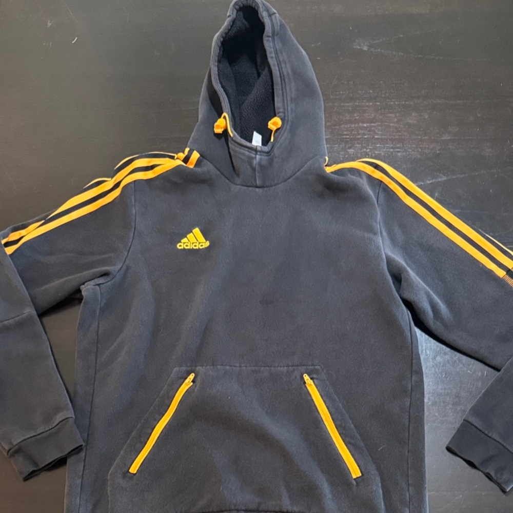 Adidas Charcoal Hoodie with Gold Stripes